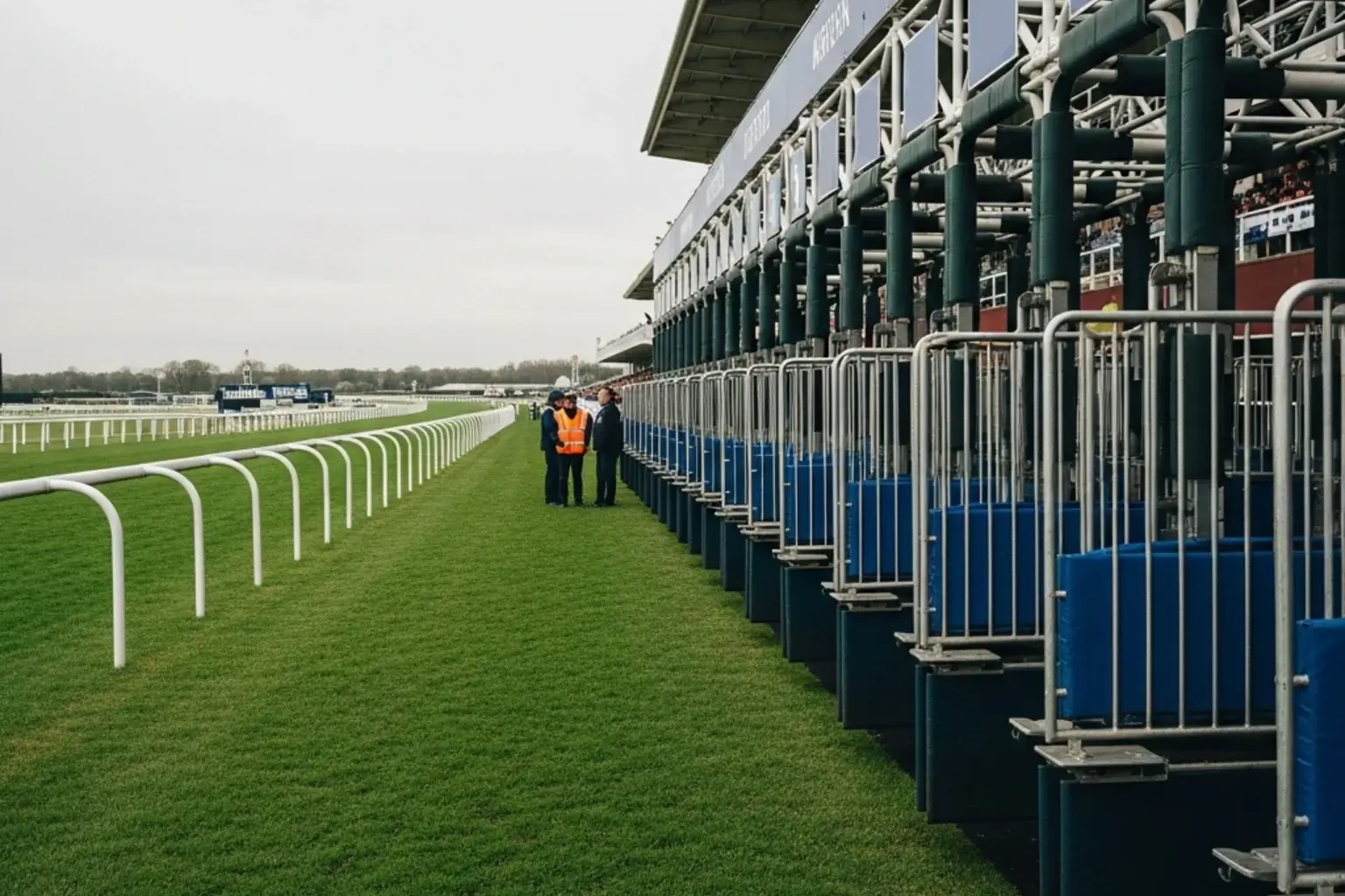 Starting stalls at Lingfield Park turf sprint course showing high and low draw positions