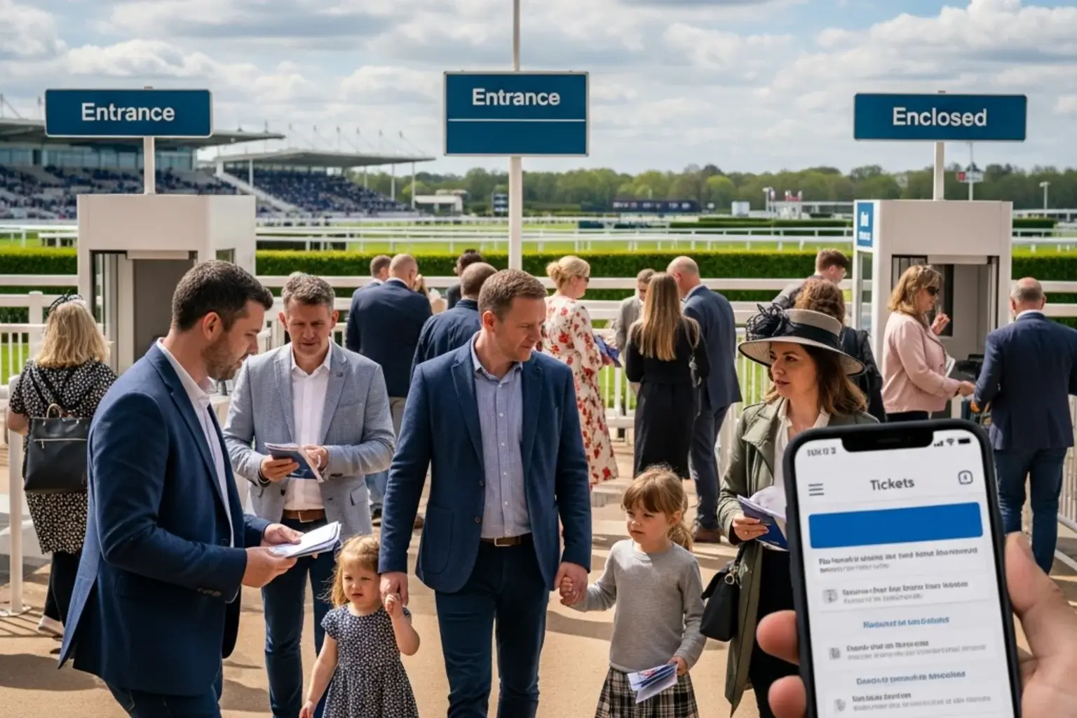 Racegoers arriving at Lingfield Park racecourse entrance on a sunny meeting day