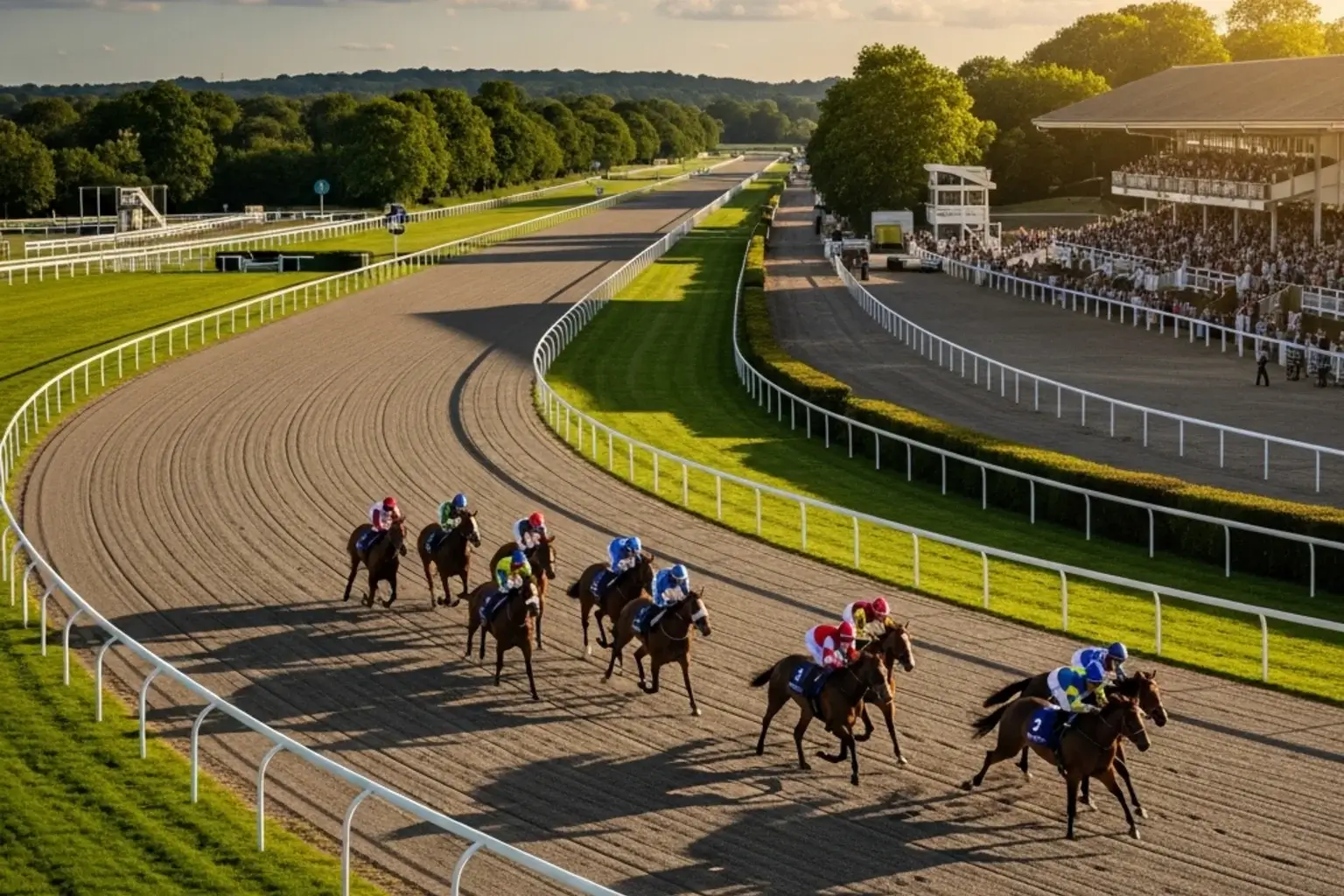 Panoramic view of Lingfield Park racecourse Polytrack circuit during a race meeting