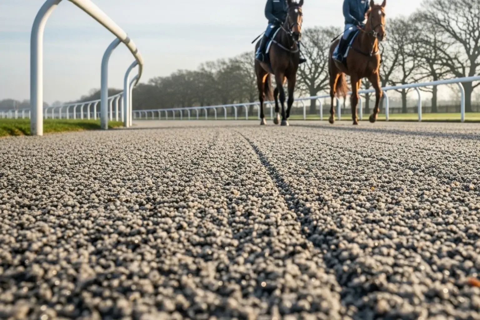 Close-up of Lingfield Park Polytrack all-weather racing surface with horses training