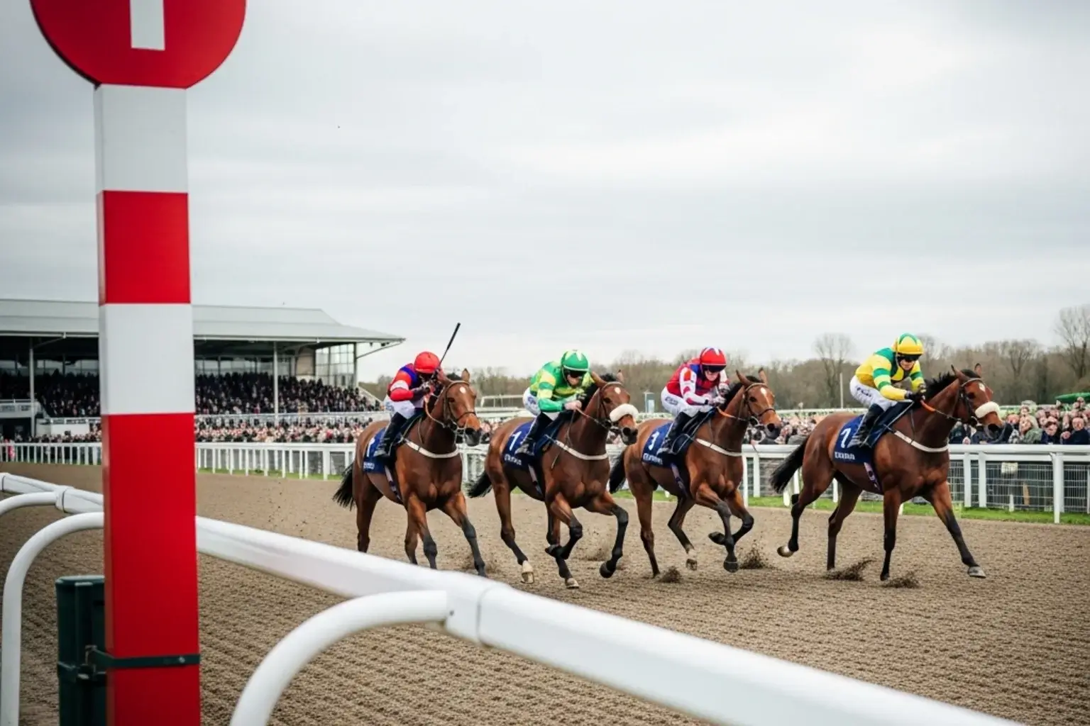 Horses crossing the finishing post at Lingfield Park all-weather meeting