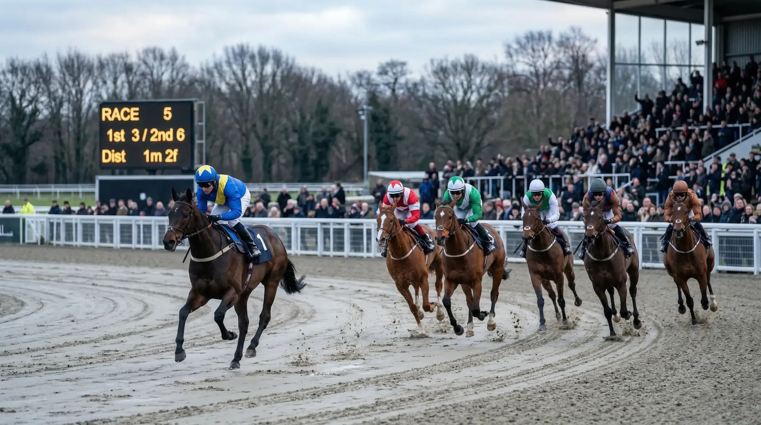 Horses competing in the Winter Derby at Lingfield Park Polytrack