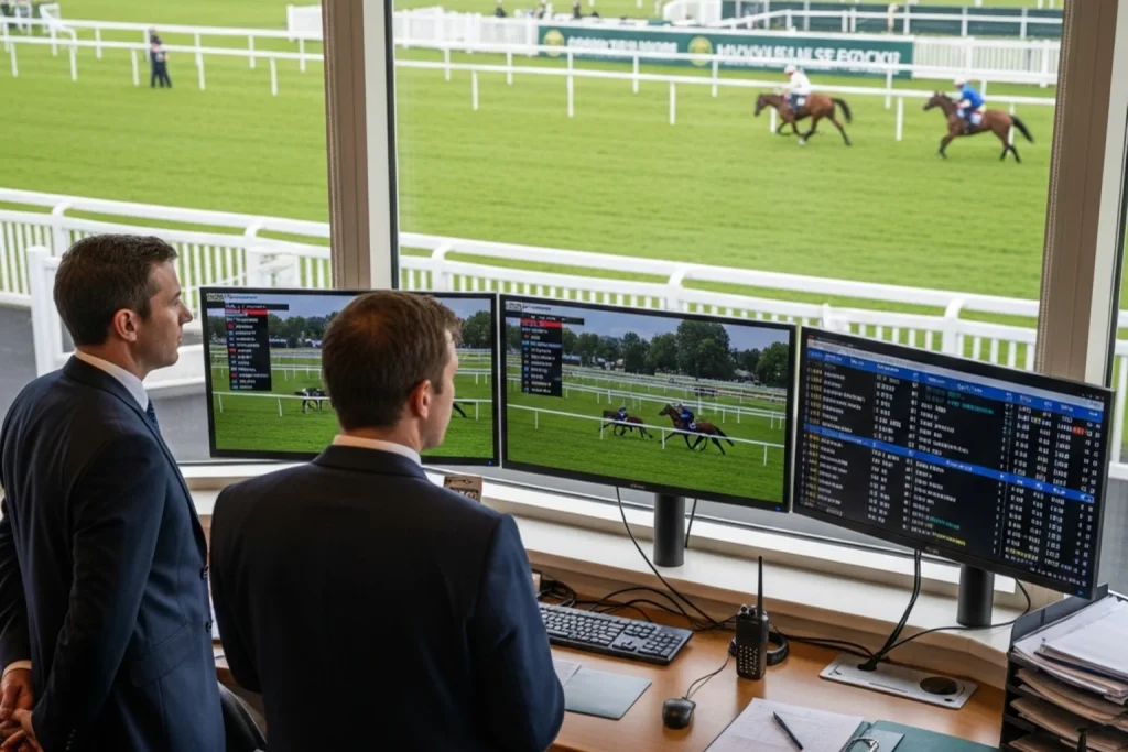 Stewards and officials observing races from the stewards room at a British racecourse