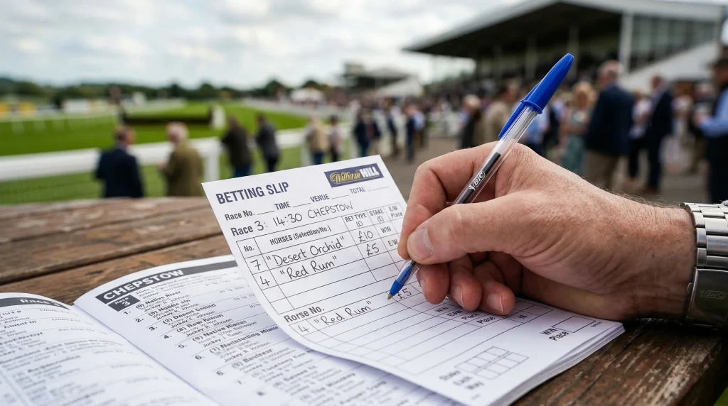 Punter writing out a betting slip at a UK racecourse with a pen and racing programme
