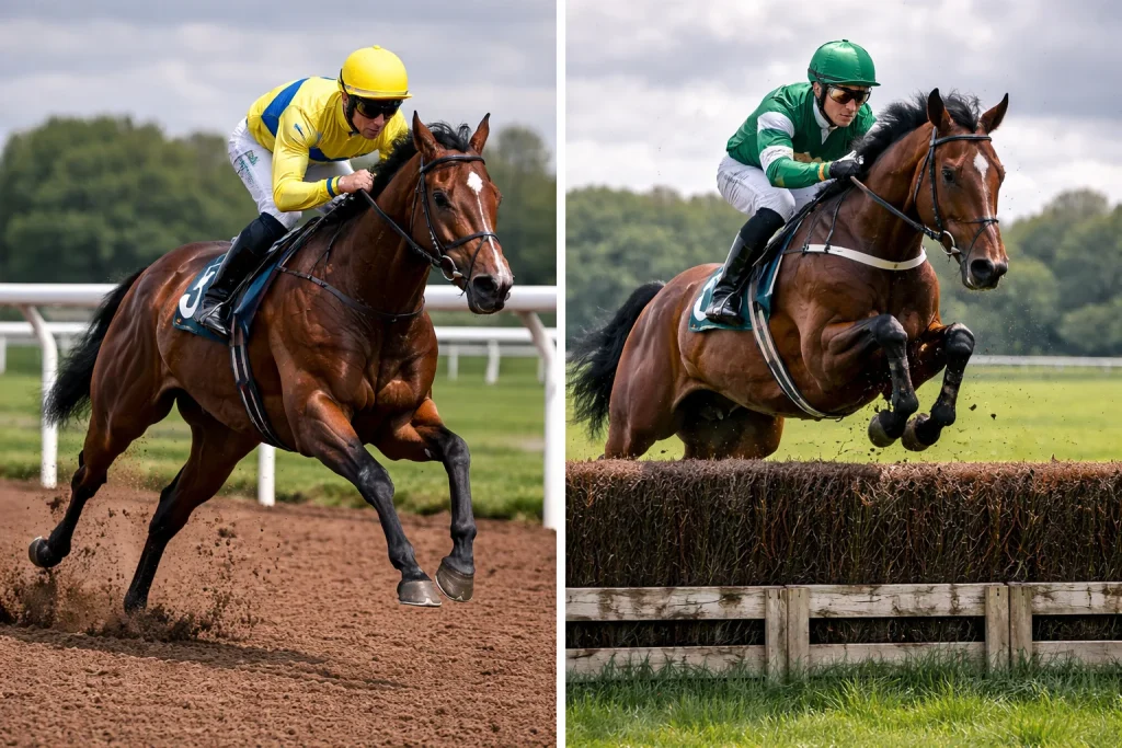 Side-by-side scene of Flat runners on the all-weather track and jumps horses on the turf course at Lingfield Park