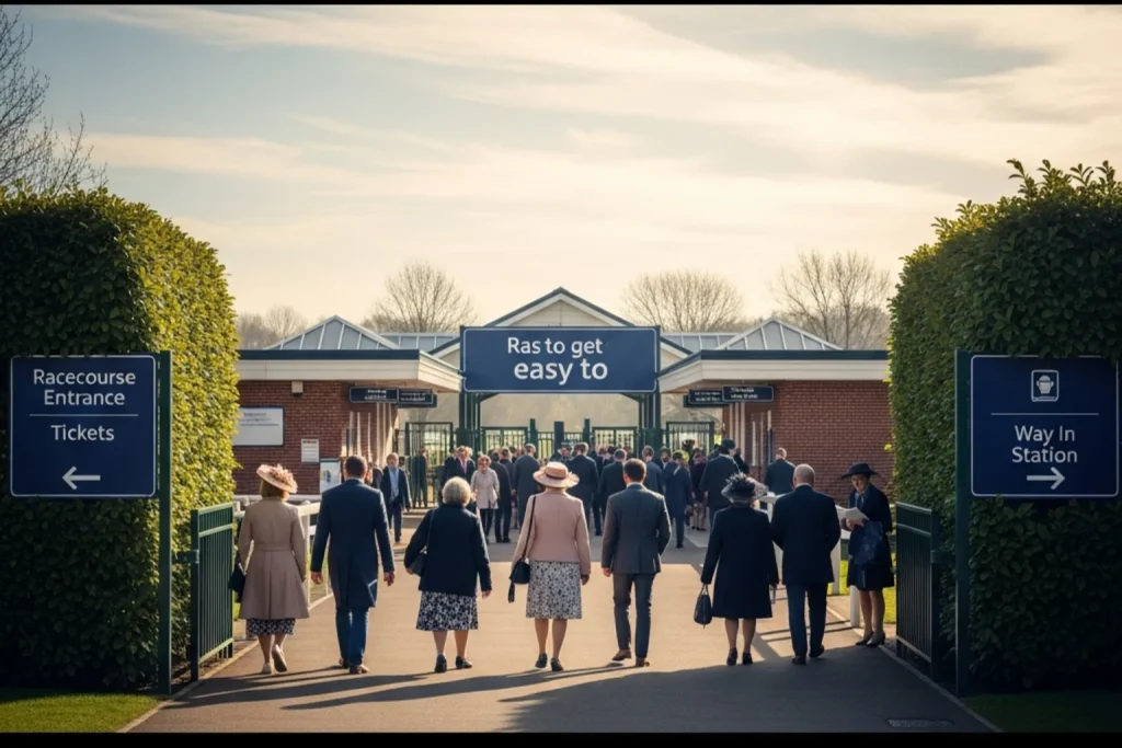 Lingfield Park racecourse entrance with visitors arriving on foot from Lingfield railway station