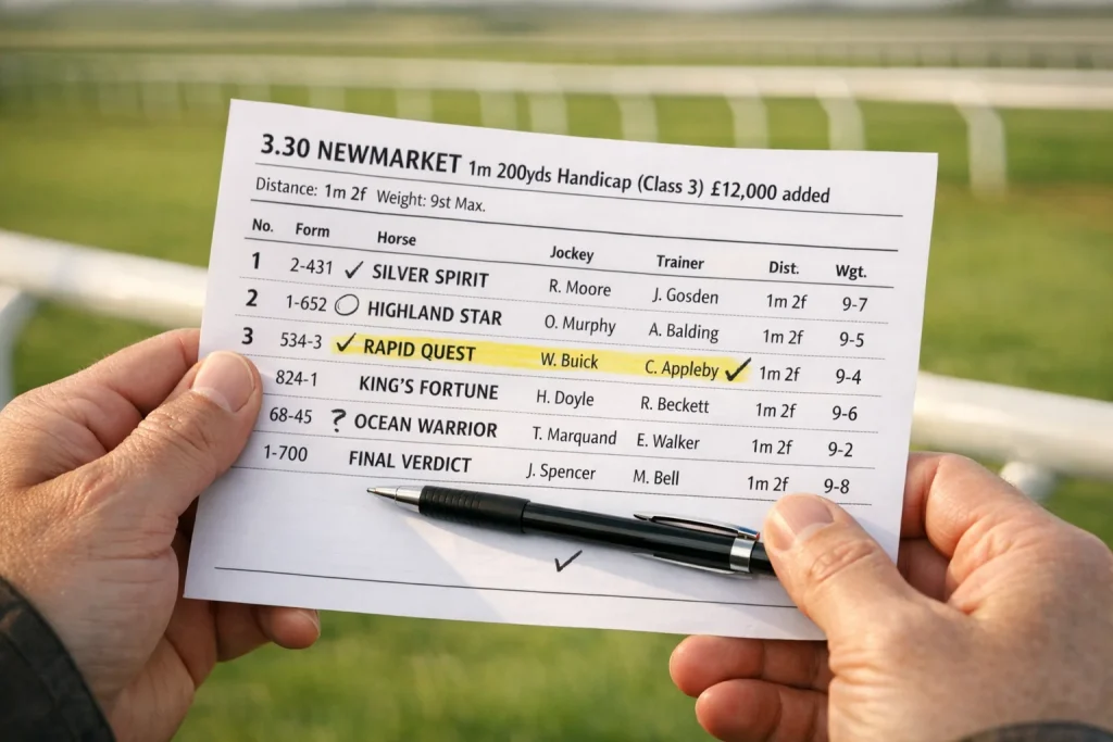 Person studying a printed horse racing racecard with form figures and finishing positions at a British racecourse