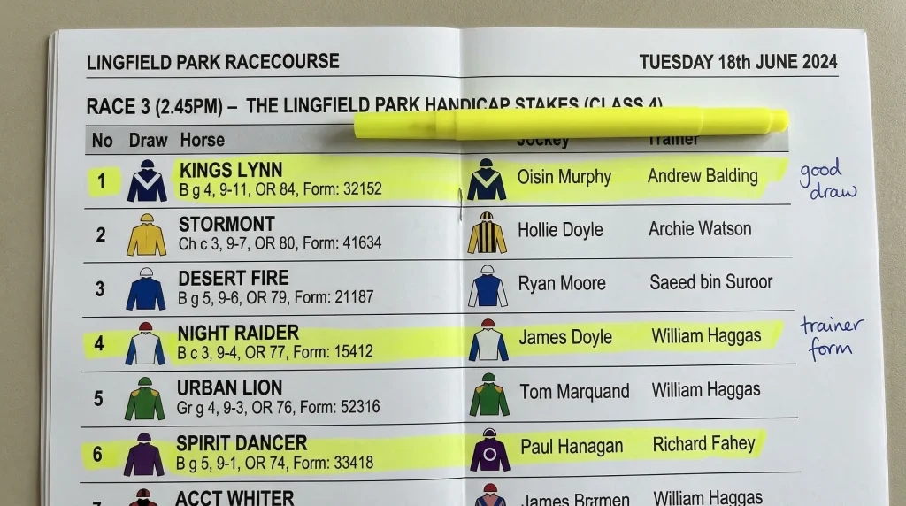 Detailed UK horse racing racecard page showing entries with silk colours, draw numbers and form figures