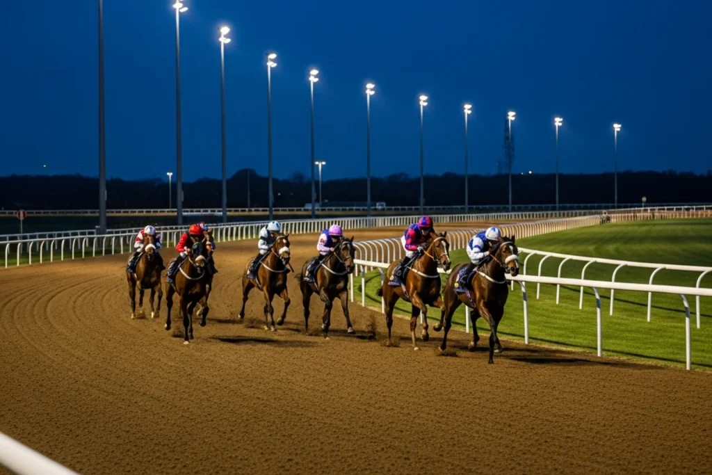 Floodlit all-weather horse racing at a UK venue with runners on synthetic track under evening lights