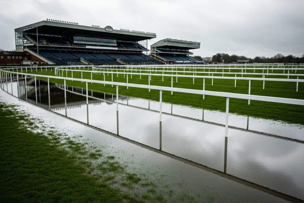Waterlogged turf racecourse with standing water on the track and an overcast sky