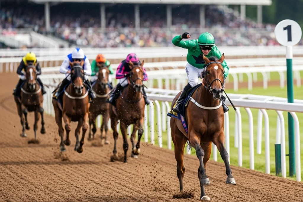 Horse winning confidently on the Lingfield Park Polytrack all-weather surface with jockey celebrating