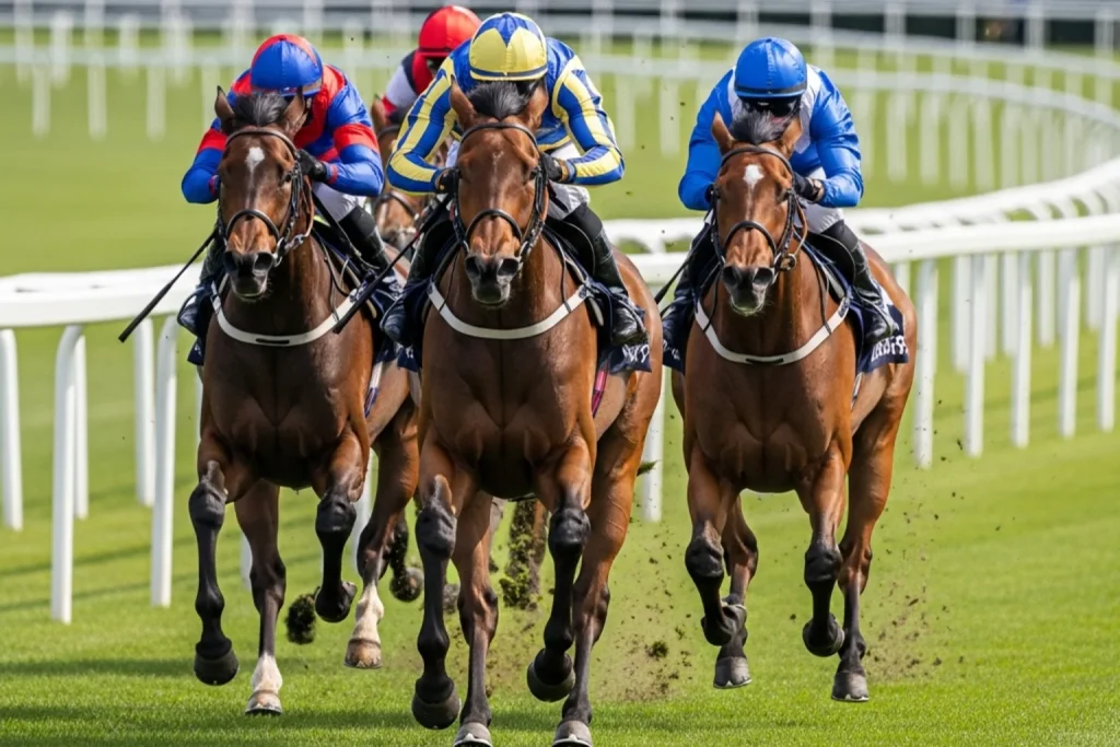 Thoroughbred horses racing on the turf course during the Lingfield Derby Trial Stakes