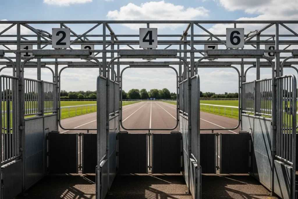 Starting stalls at Lingfield Park racecourse before a flat race