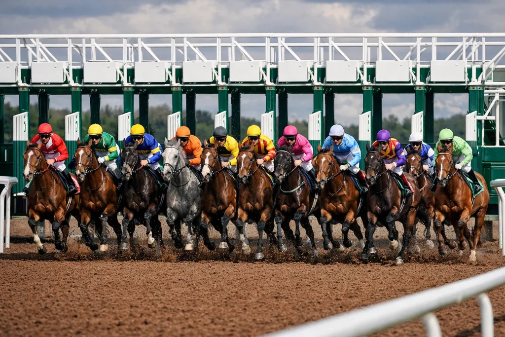 Large field of runners breaking from the starting stalls at Lingfield Park all-weather track