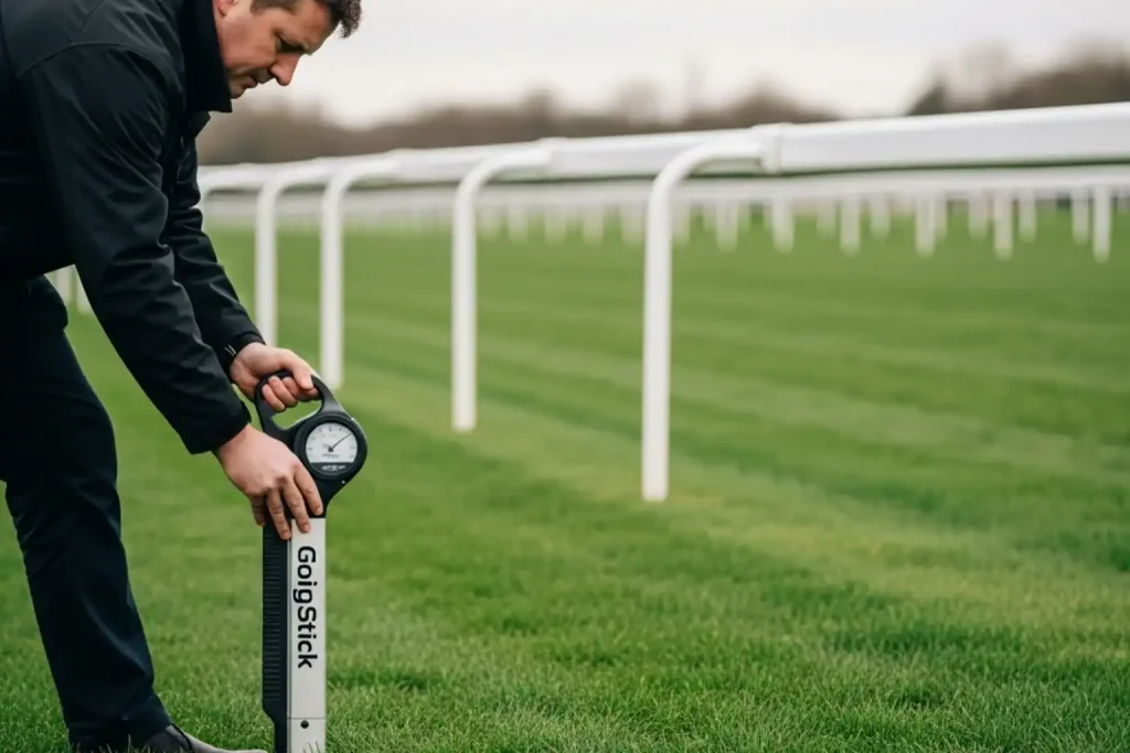 Clerk of the course testing going with a penetrometer on green turf at Lingfield Park