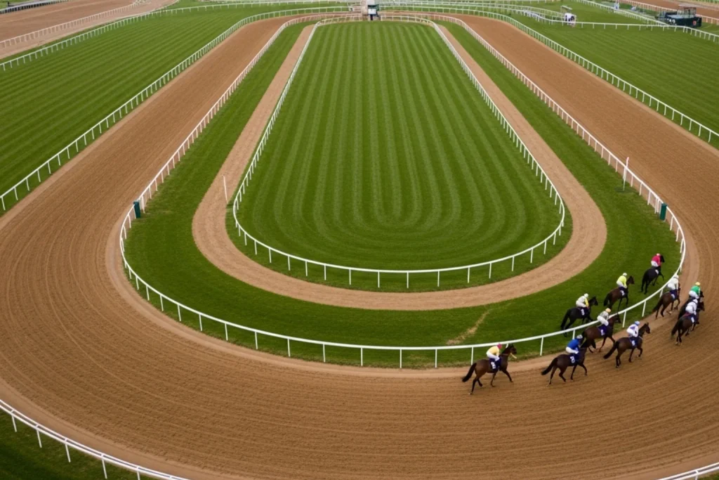 Three UK all-weather racecourse tracks viewed from above showing different configurations and surface colours