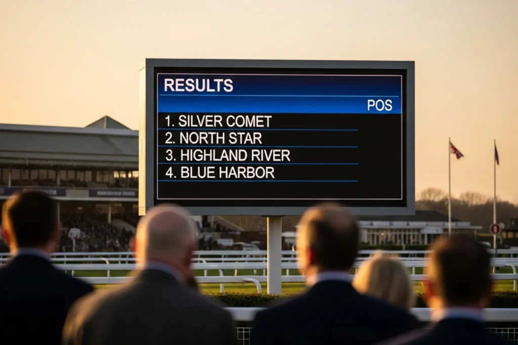 Horse racing results board updating live at Lingfield Park racecourse on a race day