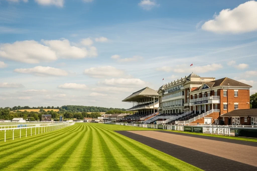 Historic grandstand view of Lingfield Park racecourse in Surrey surrounded by green countryside
