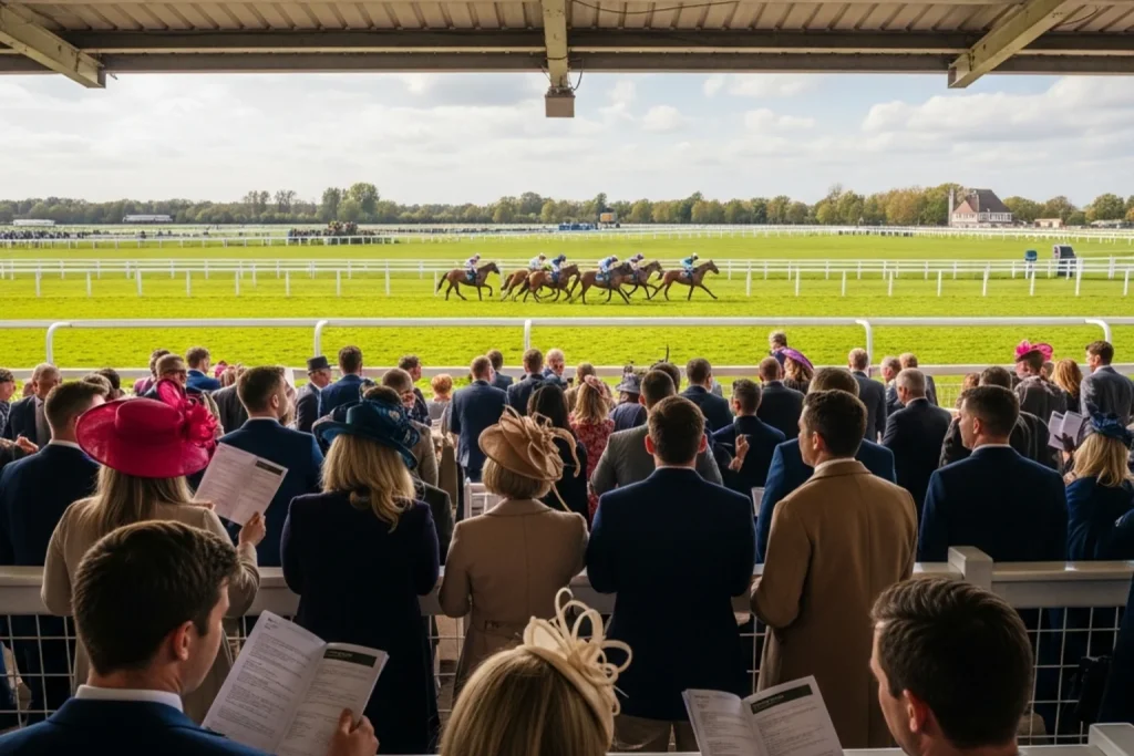Racegoers in the Lingfield Park grandstand enclosure watching horses on race day