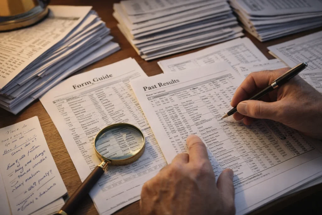 Person searching through historical horse racing form data and past results on a desk with papers