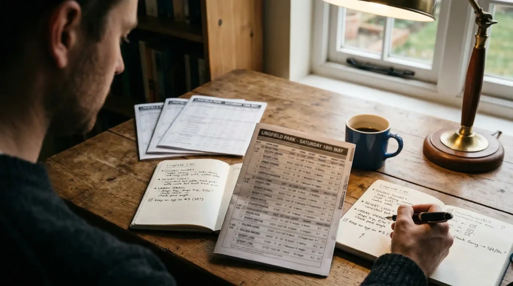 Racing analyst marking form notes in a notebook beside a printed Lingfield Park racecard