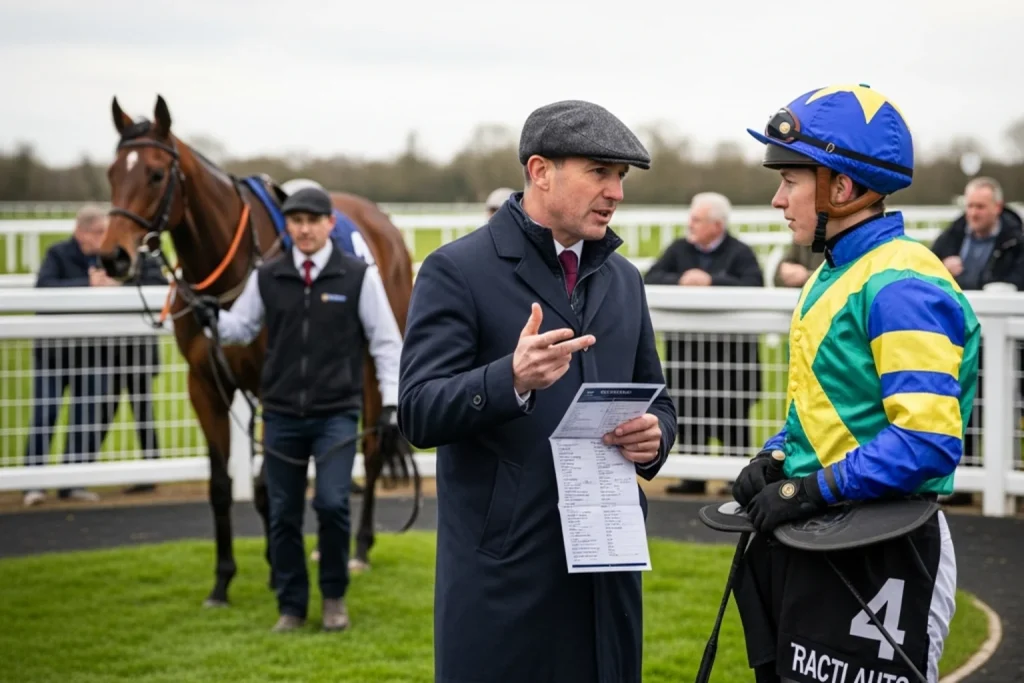 Jockey and trainer in the paddock at Lingfield Park before a race