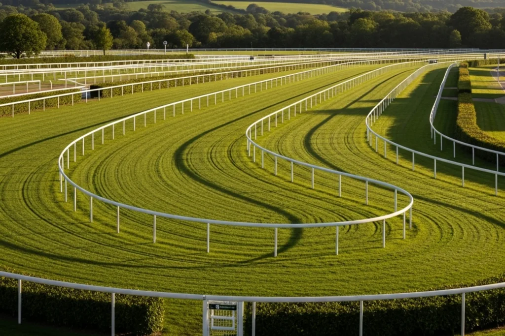 Lingfield Park turf course panorama showing left-handed bends and undulating green track in Surrey