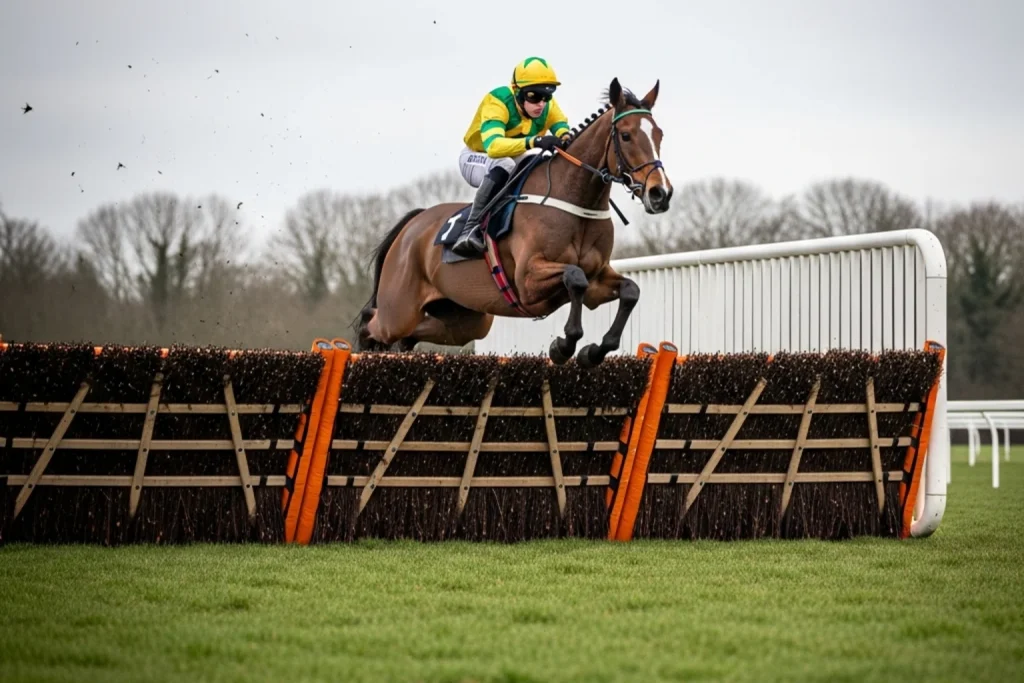 Horse clearing a steeplechase fence during a National Hunt race at Lingfield Park on a winter day