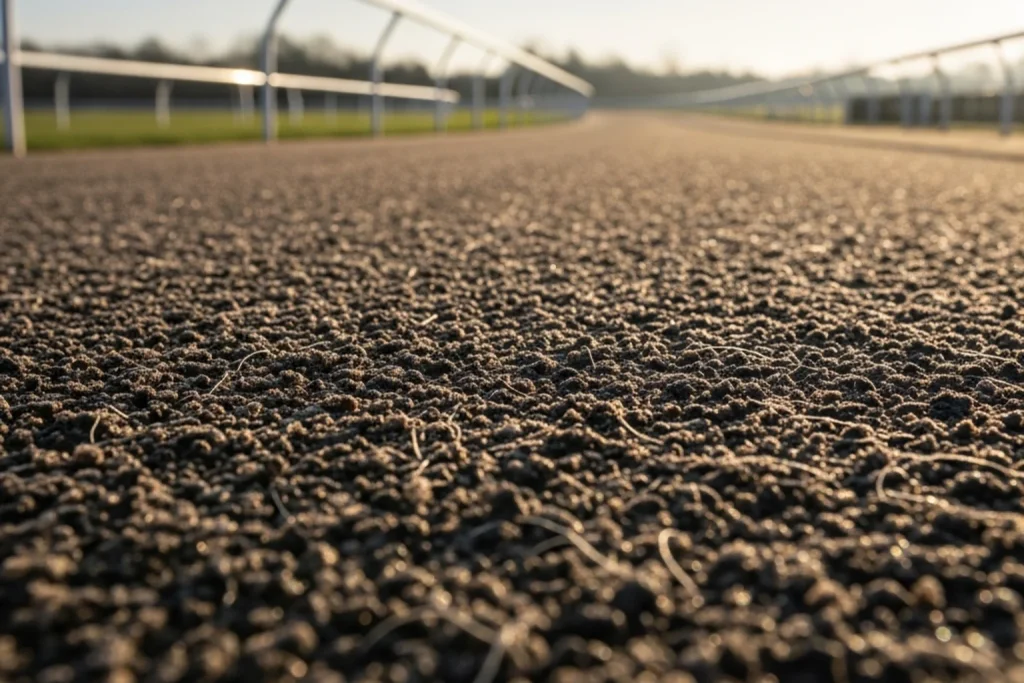 Close-up of Polytrack synthetic racing surface at Lingfield Park showing wax-coated quartz sand and fibre blend