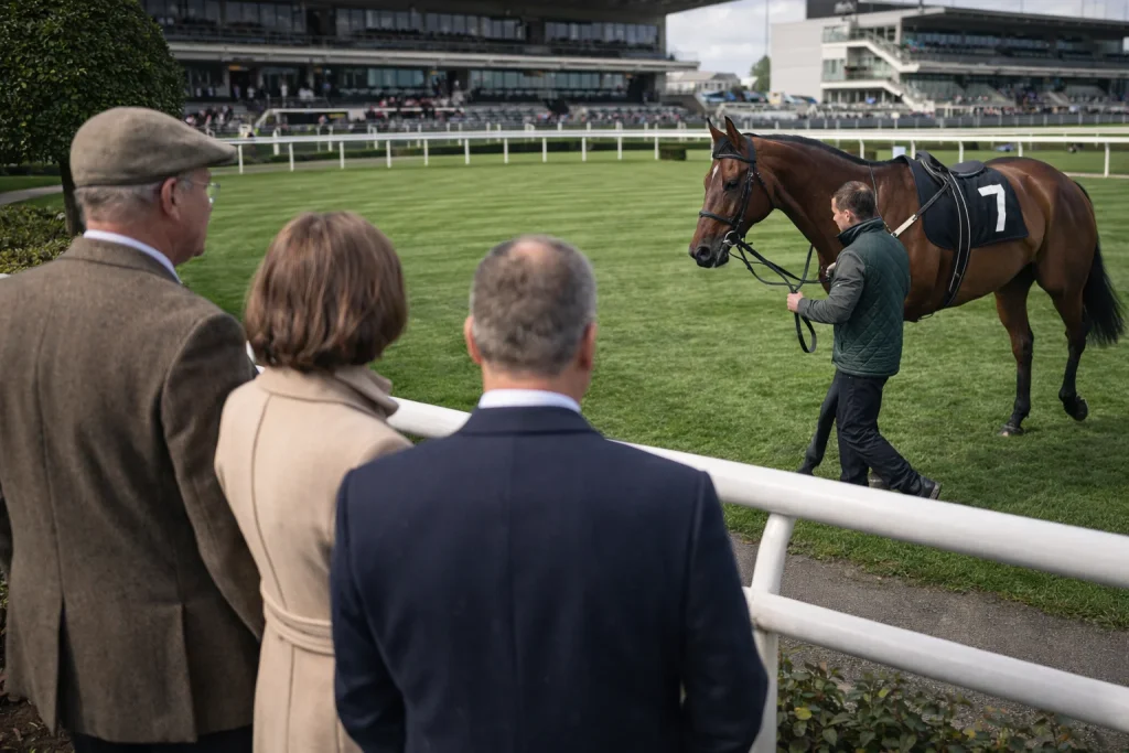 Racehorse owners standing in the parade ring watching their horse before a race at a British racecourse