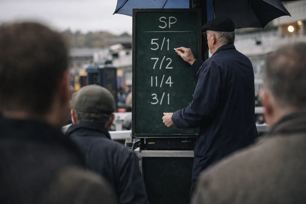 On-course bookmaker adjusting odds on a traditional betting board at a British racecourse ring