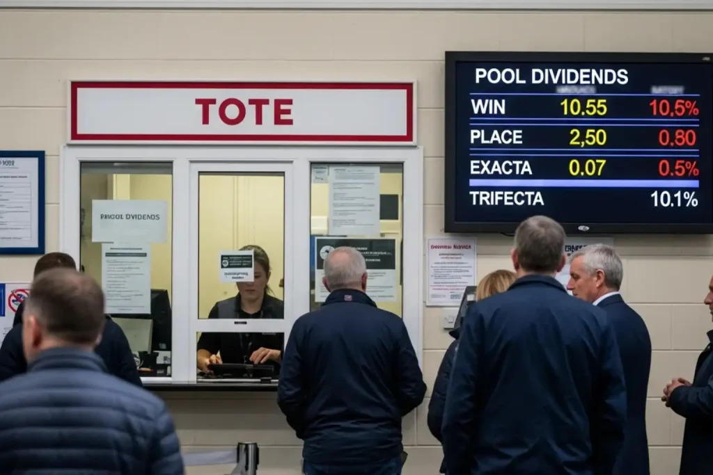 Tote betting window at a UK racecourse with pool dividend display board