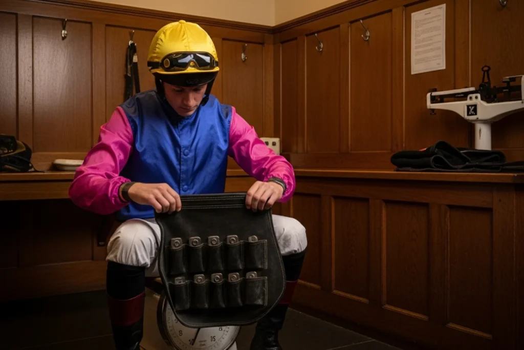 Jockey carrying lead weight cloth before mounting for a handicap race at a British racecourse