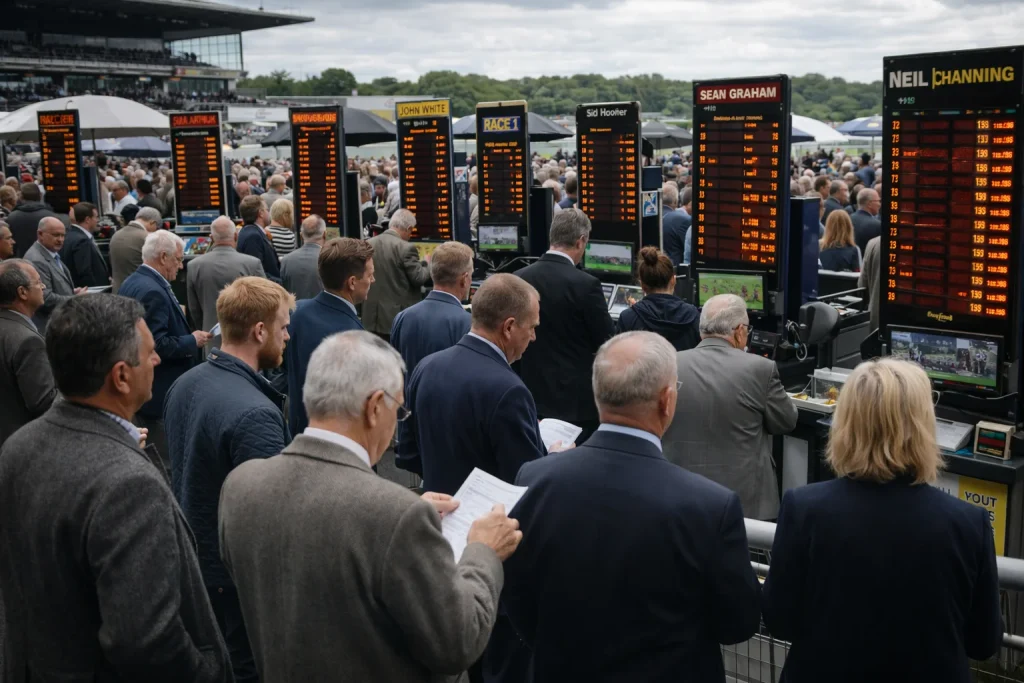 Busy betting ring at a major British racecourse with punters studying odds boards