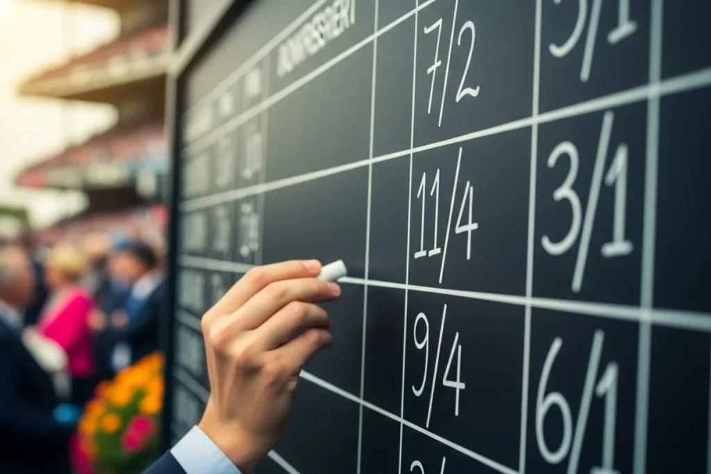 Bookmaker chalk board at a British racecourse showing fractional odds prices for horse racing