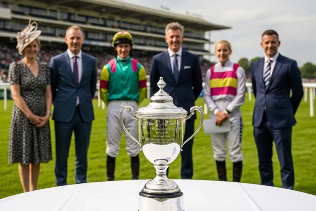 Trophy and prize presentation ceremony after a feature race at a British racecourse