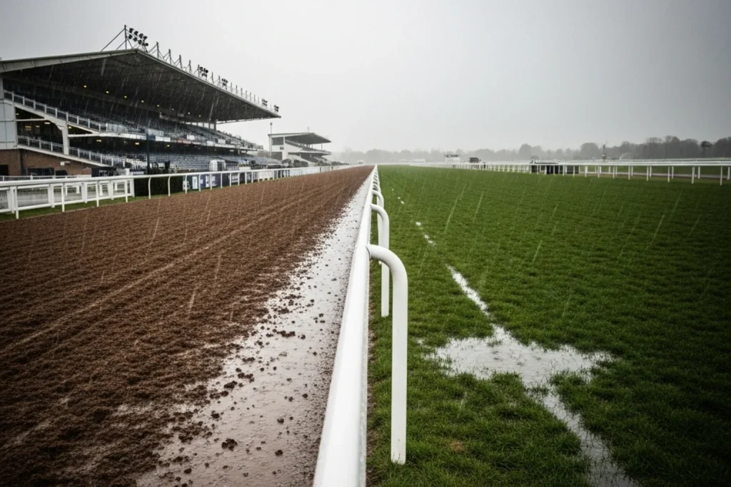 Rain falling over Lingfield Park racecourse with the Polytrack surface and turf course both visible